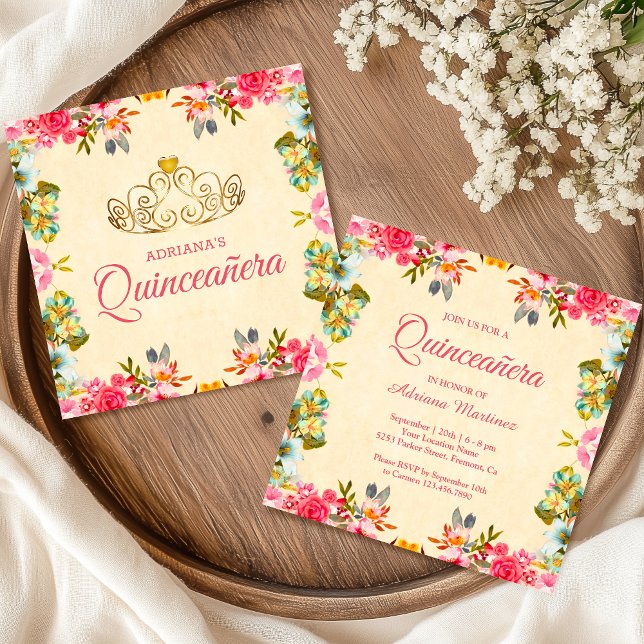 Elegant Vintage Pink Floral Princess Quinceanera Invitation (Creator Uploaded)