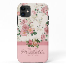 Elegant Vintage Pink Floral Rose Monogram Name