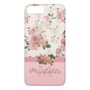 Elegant Vintage Pink Floral Rose Monogram Name Case-Mate iPhone Case