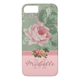 Elegant Vintage Pink Floral Rose Monogram Name Case-Mate iPhone Case