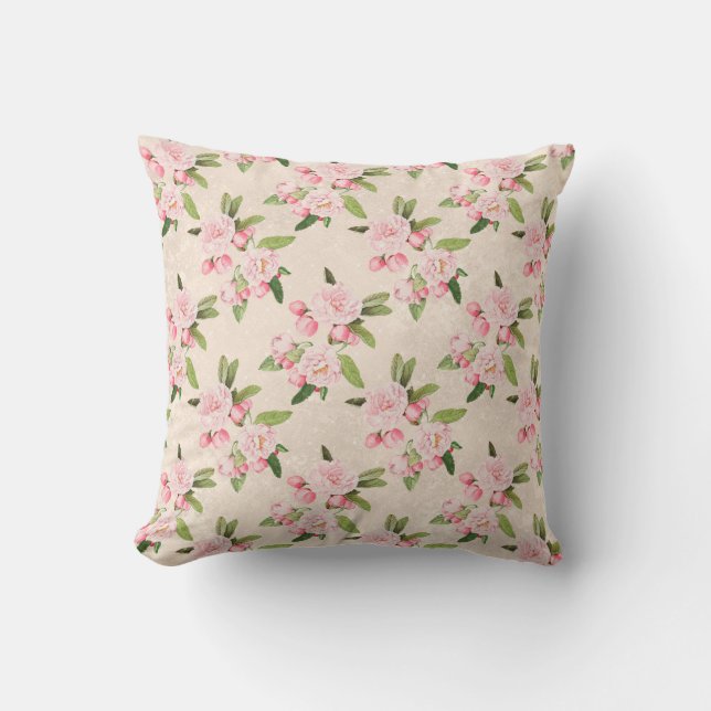 Elegant Vintage Pink Flowers Green Leaves Tan Cushion (Front)