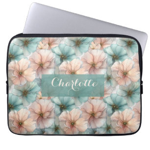 Elegant Vintage Pink & Green Floral Personalized Laptop Sleeve