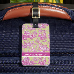 Elegant vintage pink green toile de jouy luggage tag