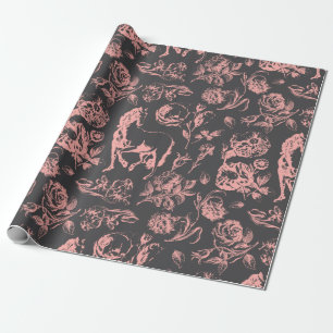 Elegant Vintage Pink Grey Horse Floral Pattern Wrapping Paper