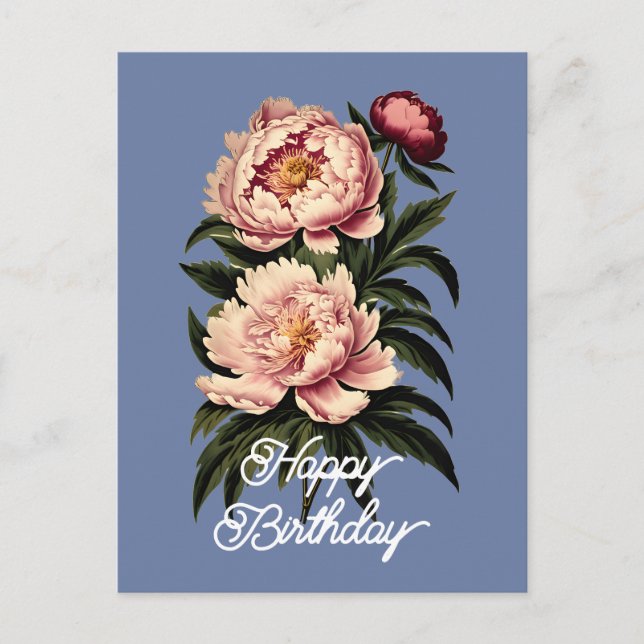 Elegant Vintage Pink Peony Flower Happy Birthday Postcard (Front)