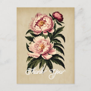 Elegant Vintage Pink Peony Flower Thank You Postcard