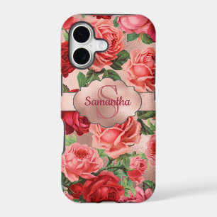 Elegant Vintage Pink Red Roses Floral Monogrammed