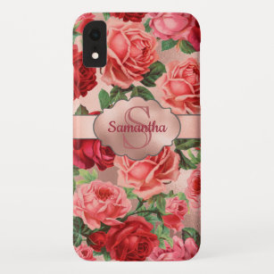 Elegant Vintage Pink Red Roses Floral Monogrammed Case-Mate iPhone Case