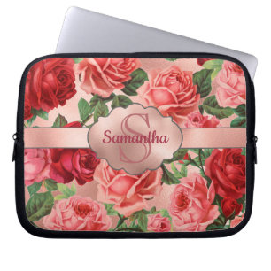 Elegant Vintage Pink Red Roses Floral Monogrammed Laptop Sleeve