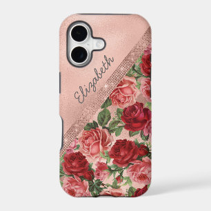 Elegant Vintage Pink Red Roses Floral Monogrammmed