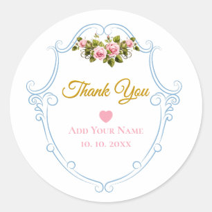 Elegant Vintage Pink Rose Floral & Heart Thank You Classic Round Sticker