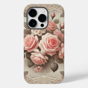 Elegant Vintage Pink Rose Floral with Lace  Case-Mate iPhone 14 Pro Case