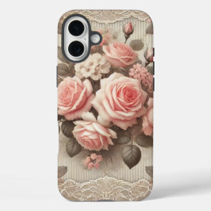 Elegant Vintage Pink Rose Floral with Lace  iPhone 16 Plus Case
