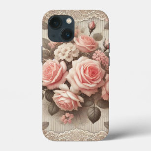 Elegant Vintage Pink Rose Floral with Lace  iPhone 13 Mini Case