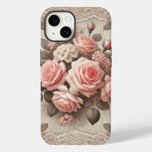 Elegant Vintage Pink Rose Floral with Lace Case-Mate iPhone 14 Case