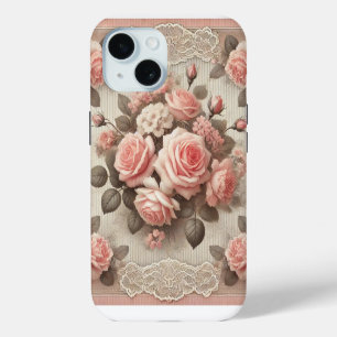 Elegant Vintage Pink Rose Floral with Lace iPhone 15 Case