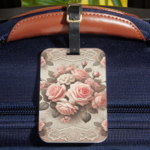 Elegant Vintage Pink Rose Floral with Lace Luggage Tag
