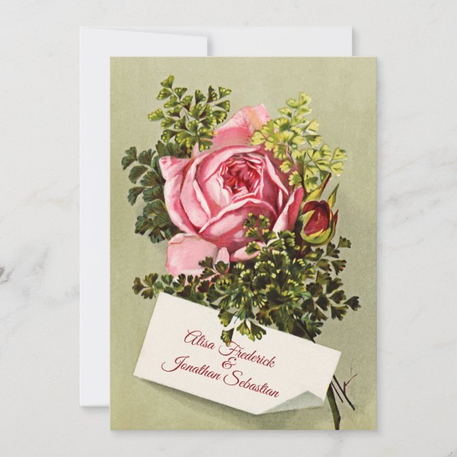 Elegant Vintage Pink Rose Wedding Invitation (Front)