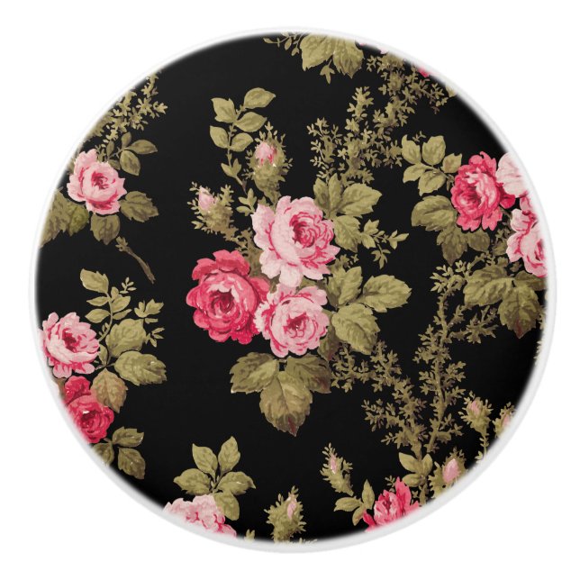 Elegant Vintage Pink Roses-Black Background Ceramic Knob (Front)
