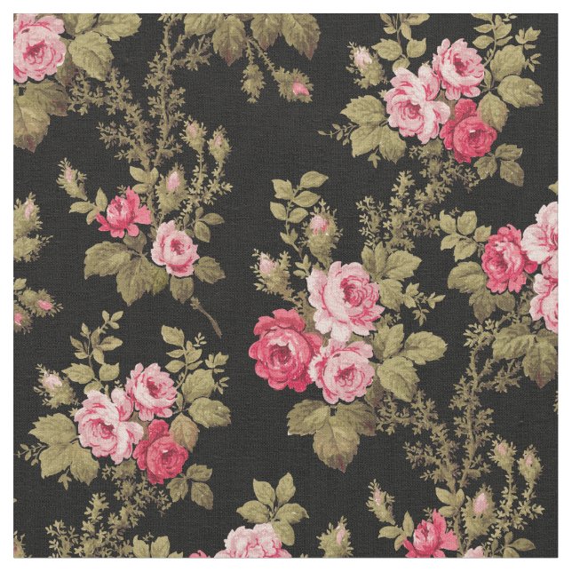 Elegant Vintage Pink Roses-Black Background Fabric (Close Up)