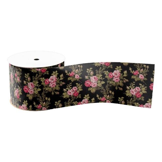 Elegant Vintage Pink Roses-Black Background Grosgrain Ribbon (Spool)