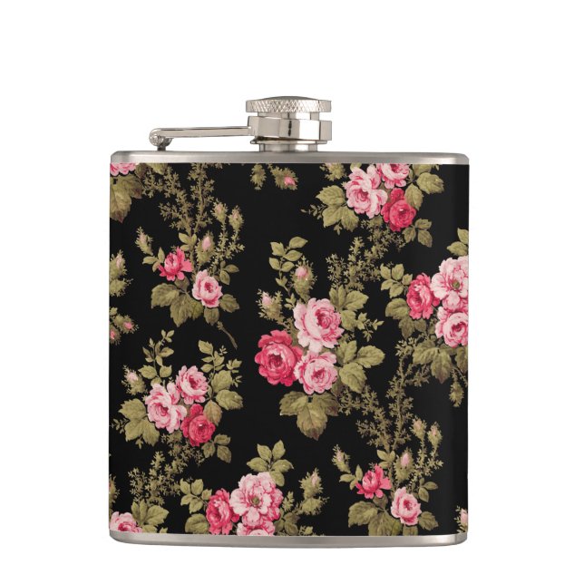 Elegant Vintage Pink Roses-Black Background Hip Flask (Front)