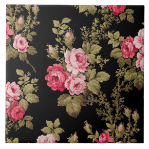 Elegant Vintage Pink Roses-Black Background Tile