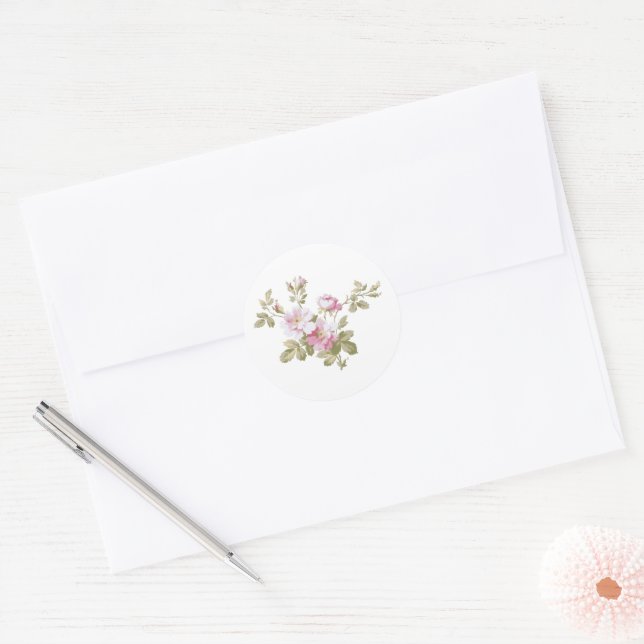 Elegant Vintage Pink Roses Classic Round Sticker (Envelope)