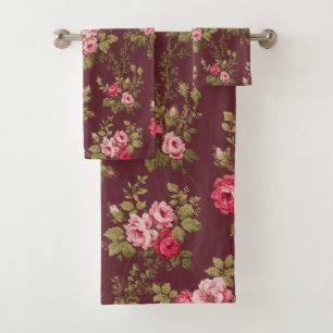 Elegant Vintage Pink Roses-Maroon Background Bath Towel Set