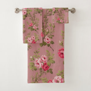 Elegant Vintage Pink Roses-Old Rose Background Bath Towel Set