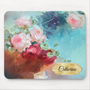 Elegant Vintage Pink Roses Painting Name Mouse Pad