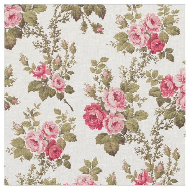 Elegant Vintage Pink Roses-White Background Fabric (Close Up)