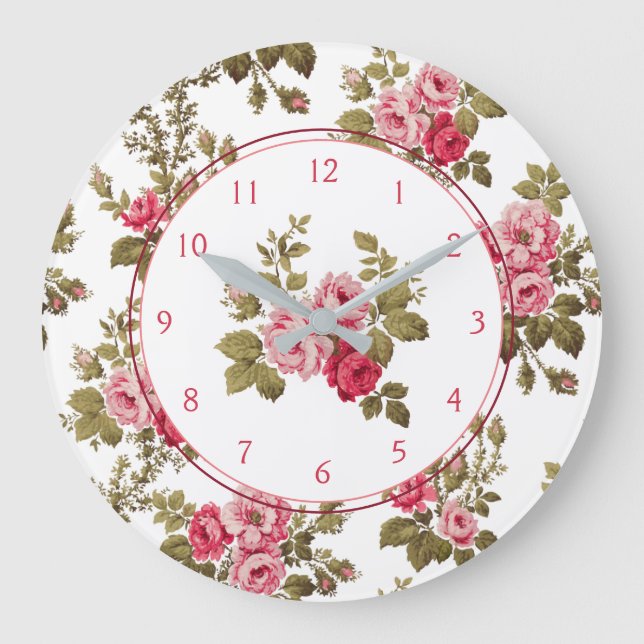 Elegant Vintage Pink Roses-White Background Large Clock (Front)