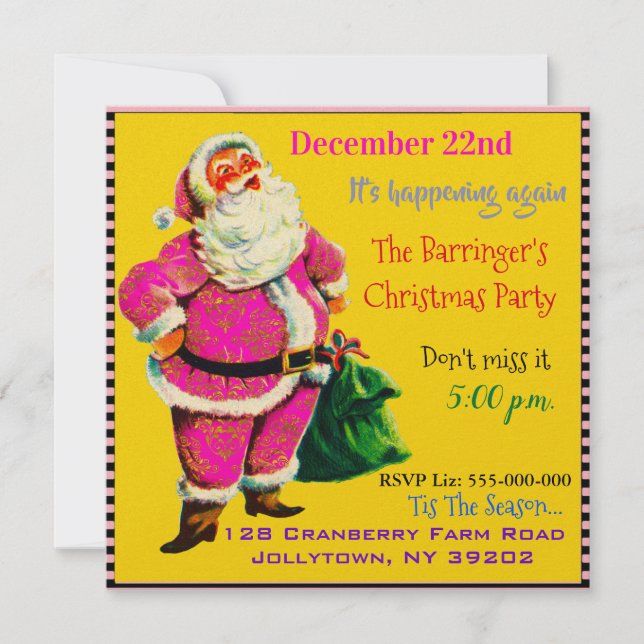 Elegant Vintage pink Santa Christmas Party Invitation (Front)