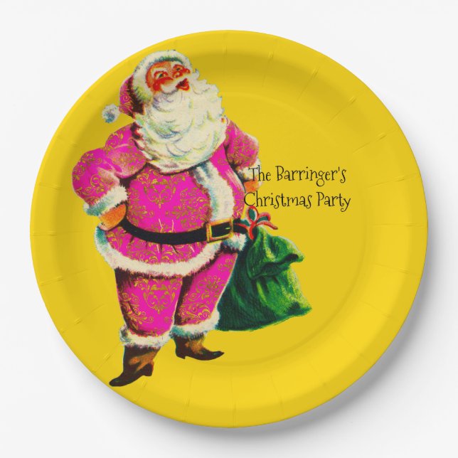 Elegant Vintage pink Santa Christmas Party Paper Plate (Front)