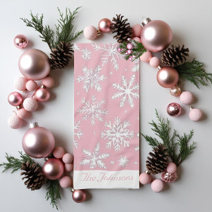 Elegant Vintage Pink Snowflakes pattern Christmas Tea Towel