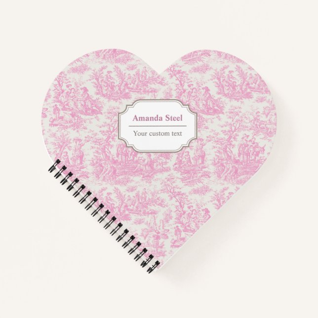 Elegant vintage pink toile de jouy heart notebook (Front)