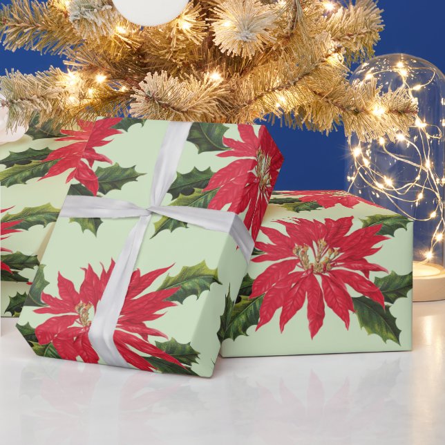 Elegant Vintage Poinsettia Christmas Flowers Sage Wrapping Paper (Holidays)