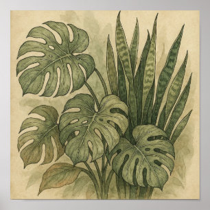 Elegant Vintage Poster of Monstera and Snake Plant