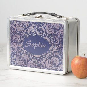 Elegant Vintage Purple Damask Pattern Metal Lunch Box
