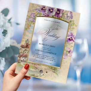 Elegant vintage purple floral calligraphy wedding acrylic invitations