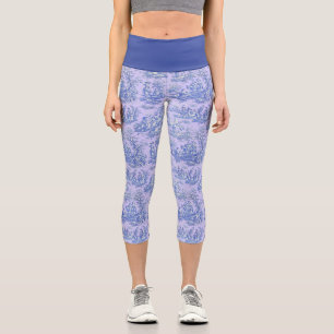 Elegant vintage purple toile de jouy capri leggings