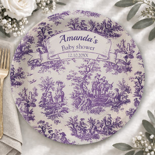 Elegant vintage purple toile de jouy monogram paper plate