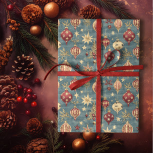 Elegant Vintage Red and Cream Christmas Ornaments Wrapping Paper