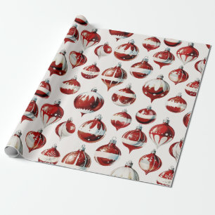 Elegant Vintage Red and White Christmas Ornaments Wrapping Paper
