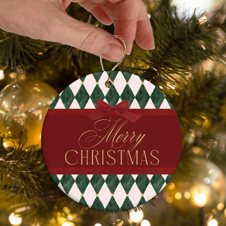 Elegant Vintage Red Bow Green Christmas Photo Ceramic Tree Decoration