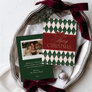 Elegant Vintage Red Bow Green Christmas Photo Holiday Card