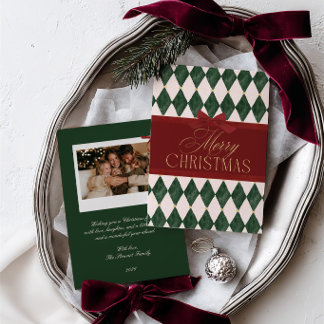 Elegant Vintage Red Bow Green Christmas Photo Holiday Card