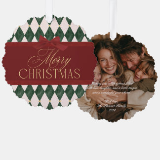 Elegant Vintage Red Bow Green Christmas Photo Tree Decoration Card