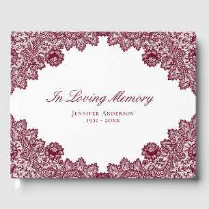 Elegant Vintage Red Floral Lace Memorial Funeral Guest Book
